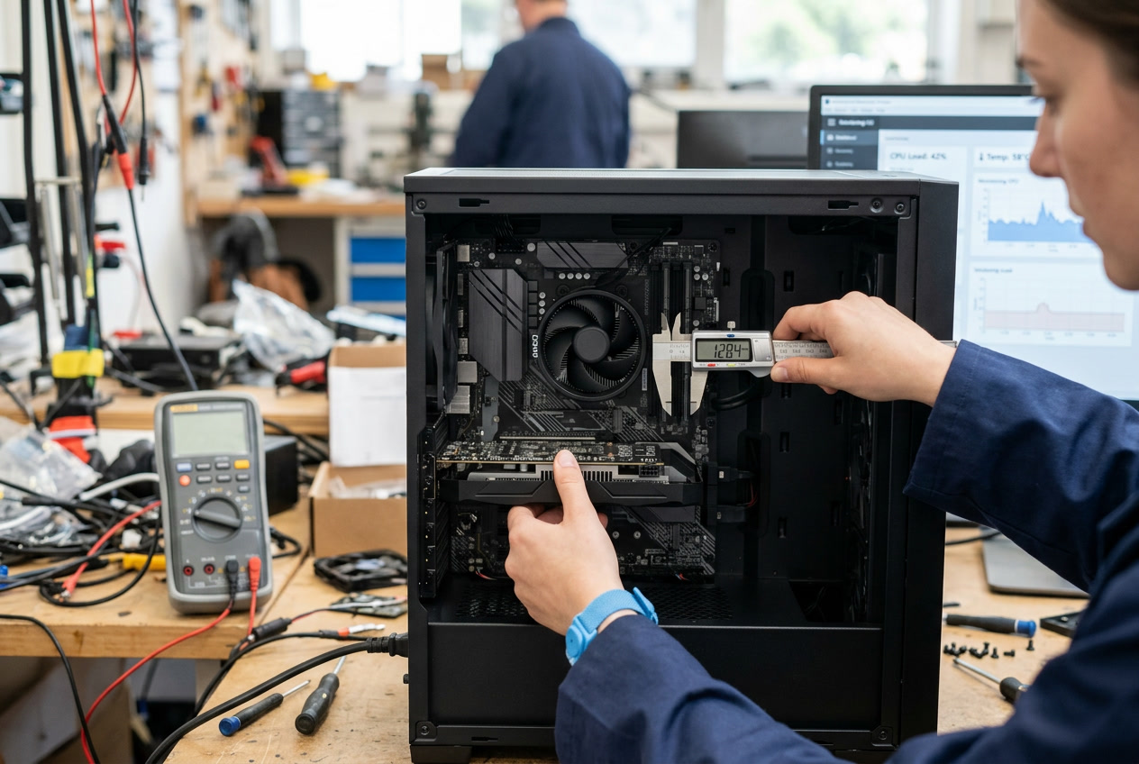 Techniker misst mit einer Schieblehre den Einbauraum für die Grafikkarte im PC-Gehäuse
