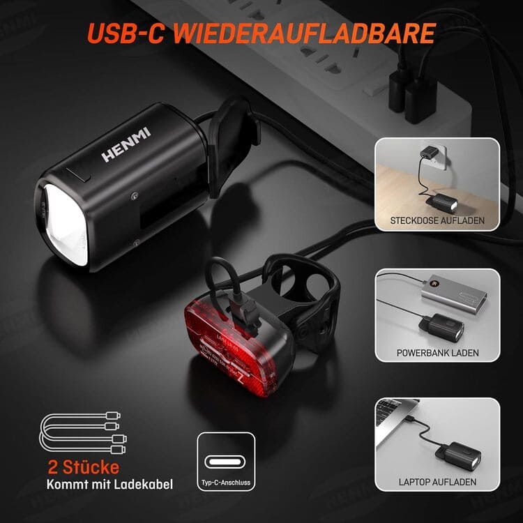 HENMI LED Fahrradleuchten Set IPX5 USB aufladbar