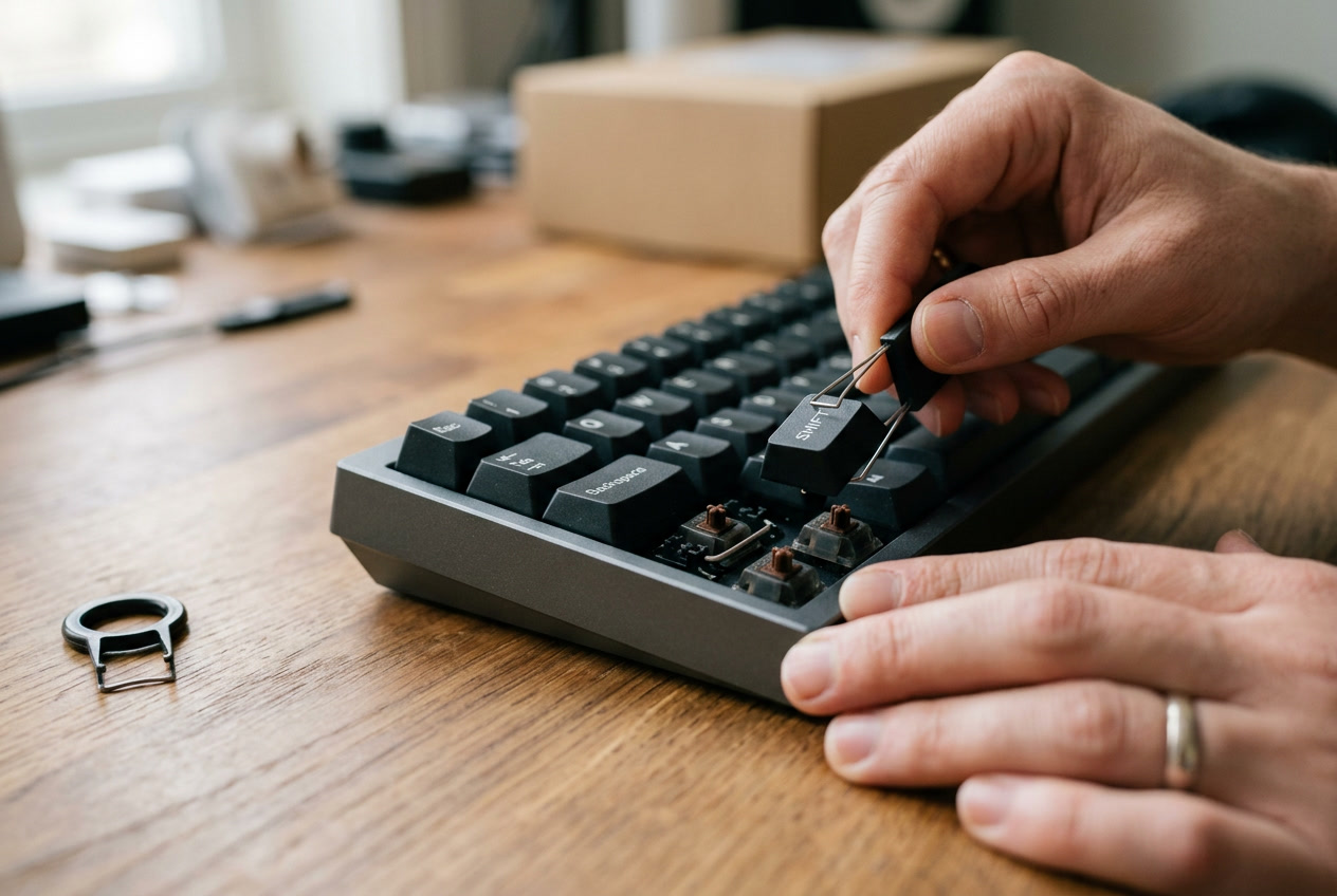 Tastenkappen werden mit einem Keycap-Abzieher von einer mechanischen Tastatur gelöst