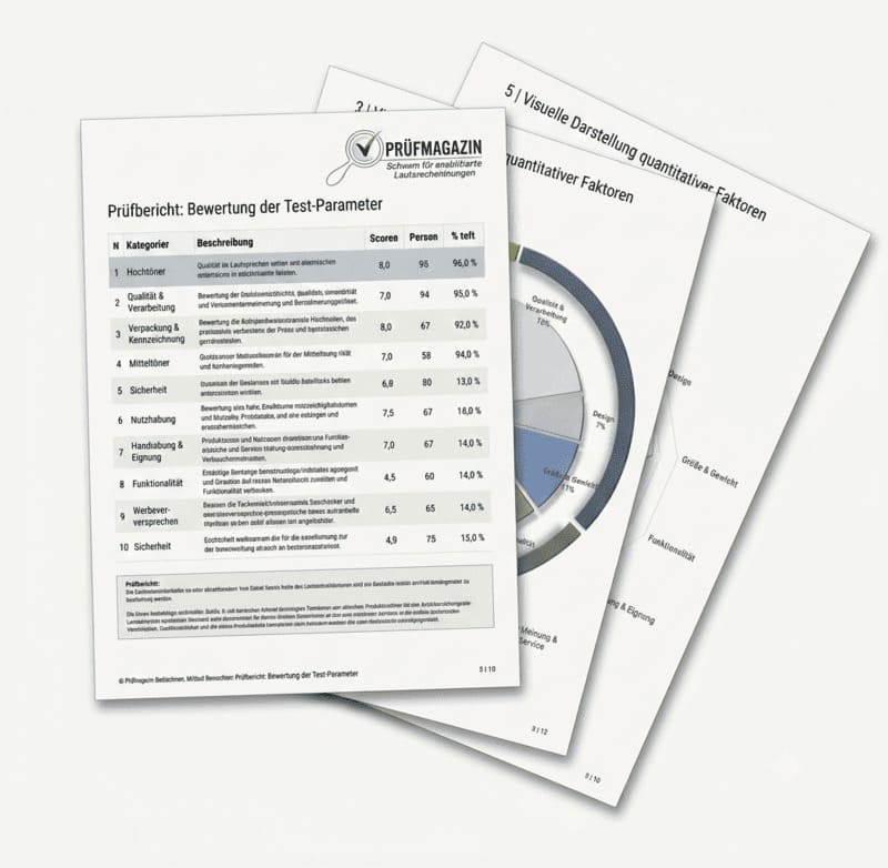 Prüfbericht mit Bewertung der Test-Parameter, mehrseitiges Dokument