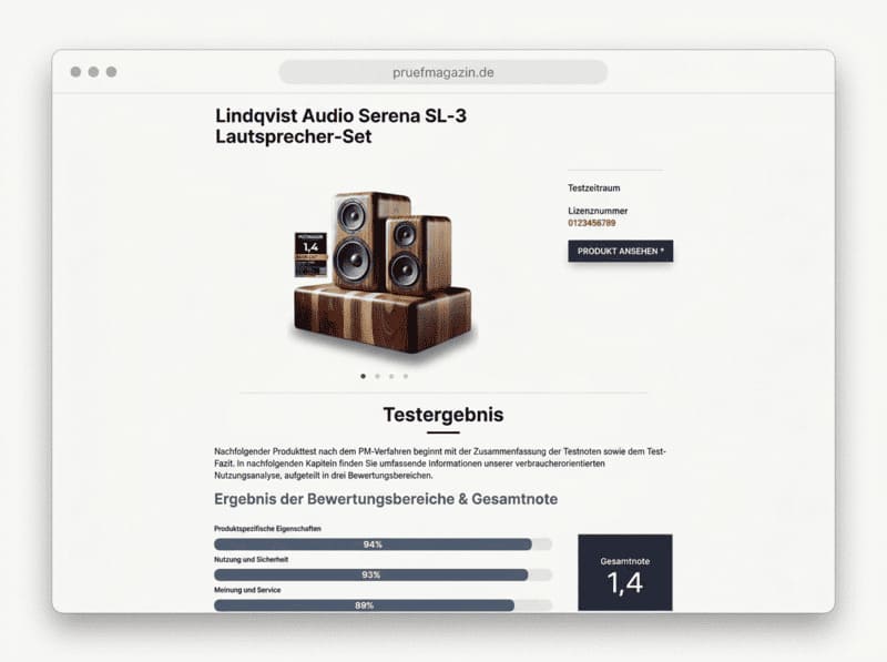 Testbericht von Prüfmagazin im Browser, mit Gesamtnote und Prüfparametern
