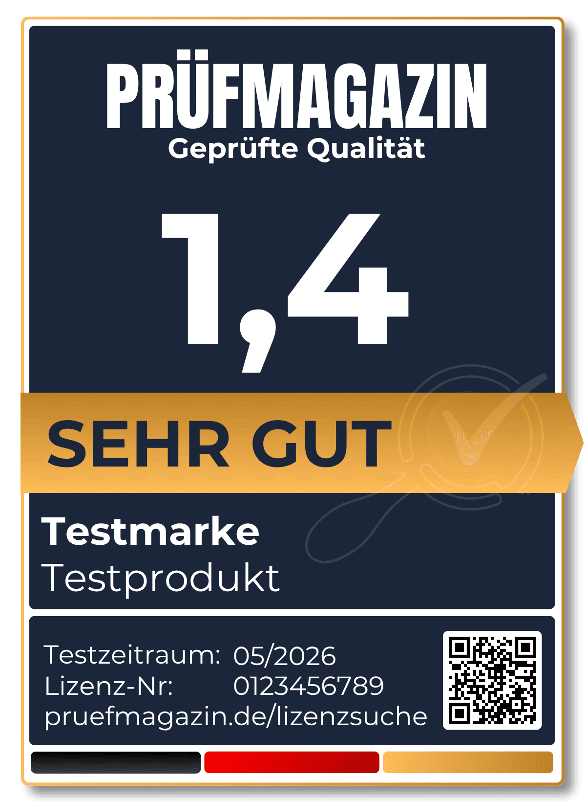 Prüfmagazin Testsiegel mit Gesamtnote sehr gut und Lizenznummer